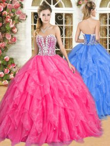 Artistic Sweetheart Sleeveless Quinceanera Dress Floor Length Beading and Ruffles Hot Pink Organza