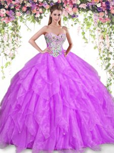 Best Selling Purple Organza Lace Up Quinceanera Gowns Sleeveless Floor Length Beading and Ruffles