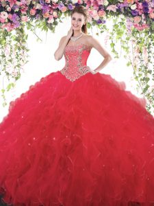 Spectacular Sweetheart Sleeveless Lace Up Dama Dress for Quinceanera Red Tulle