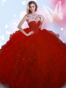 Wine Red Quince Ball Gowns Military Ball and Sweet 16 and Quinceanera and For with Beading High-neck Sleeveless Zipper