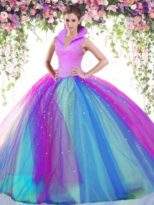 Tulle High-neck Sleeveless Backless Beading Quince Ball Gowns in Multi-color