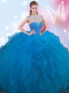 Luxurious Blue Sleeveless Tulle Lace Up Quince Ball Gowns for Military Ball and Sweet 16 and Quinceanera