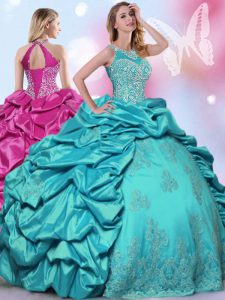 Halter Top Teal Sleeveless Floor Length Beading and Lace and Appliques and Pick Ups Lace Up Sweet 16 Quinceanera Dress
