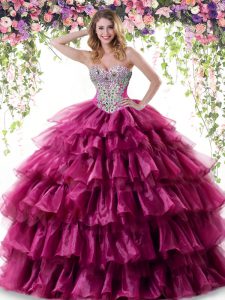 Ideal Sweetheart Sleeveless Sweet 16 Quinceanera Dress Floor Length Beading and Ruffled Layers Fuchsia Organza