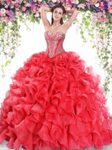 Red Ball Gowns Beading and Ruffles Quinceanera Gown Lace Up Organza Sleeveless