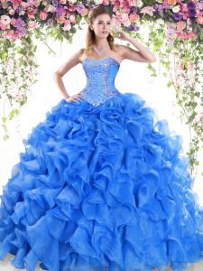 Sleeveless Beading and Ruffles Lace Up Quinceanera Dress with Blue Sweep Train