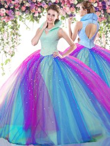 Sumptuous Multi-color Ball Gowns Tulle High-neck Sleeveless Beading Floor Length Backless Quinceanera Dress
