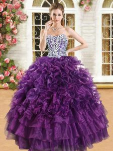 Beading and Ruffles and Ruffled Layers 15th Birthday Dress Purple Lace Up Sleeveless Floor Length