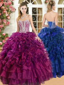 Glorious Burgundy Sweetheart Neckline Beading and Ruffles and Ruffled Layers 15 Quinceanera Dress Sleeveless Lace Up