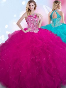 Fuchsia Halter Top Lace Up Beading 15th Birthday Dress Sleeveless