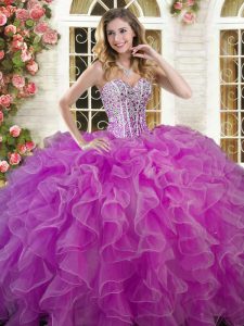 Lilac Ball Gowns Organza Sweetheart Sleeveless Beading and Ruffles Floor Length Lace Up Quinceanera Dresses