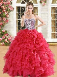 Modest Organza Sweetheart Sleeveless Lace Up Beading and Ruffles Sweet 16 Dress in Red