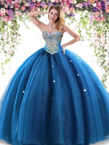 Perfect Tulle Sweetheart Sleeveless Lace Up Beading Quinceanera Gown in Blue