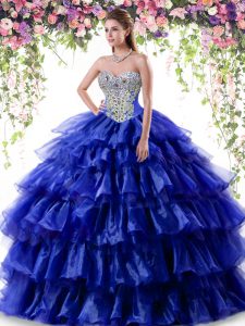Ruffled Floor Length Ball Gowns Sleeveless Royal Blue Quince Ball Gowns Lace Up