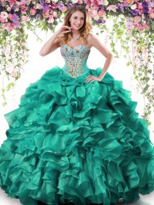 Sleeveless Organza Floor Length Lace Up Ball Gown Prom Dress in Turquoise with Beading and Ruffles
