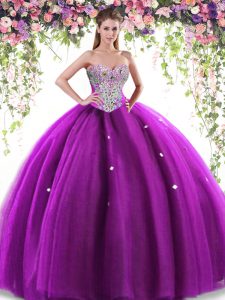 Glorious Tulle Sweetheart Sleeveless Lace Up Beading Quince Ball Gowns in Eggplant Purple