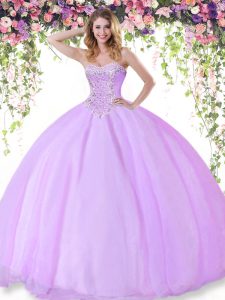 Lilac Tulle Lace Up Sweetheart Sleeveless Floor Length Quinceanera Dress Beading