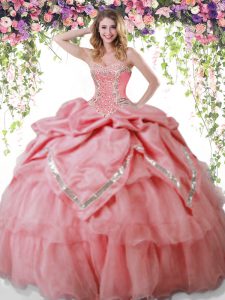 Pick Ups Floor Length Ball Gowns Sleeveless Watermelon Red Quince Ball Gowns Lace Up