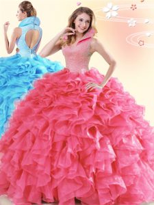 Coral Red Ball Gowns Organza High-neck Sleeveless Beading and Ruffles Floor Length Backless Quince Ball Gowns