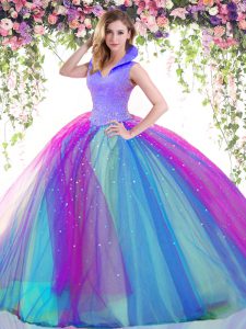 High-neck Sleeveless Backless Sweet 16 Quinceanera Dress Multi-color Satin and Tulle