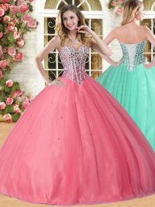Glittering Coral Red Ball Gowns Sweetheart Sleeveless Tulle Floor Length Lace Up Beading 15 Quinceanera Dress
