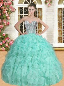 Great Sweetheart Sleeveless Quince Ball Gowns Floor Length Beading and Ruffles Apple Green Organza