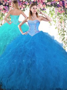 Tulle Sweetheart Sleeveless Lace Up Beading Vestidos de Quinceanera in Blue
