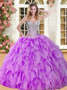 Sleeveless Floor Length Beading and Ruffles Lace Up Quinceanera Gown with Eggplant Purple