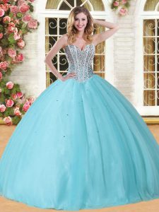 Luxurious Baby Blue Ball Gowns Sweetheart Sleeveless Tulle Floor Length Lace Up Beading Sweet 16 Quinceanera Dress