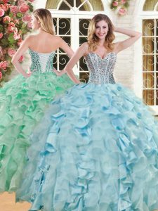 Exquisite Light Blue Ball Gowns Organza and Taffeta Sweetheart Sleeveless Beading and Ruffles Floor Length Lace Up Vestidos de Quinceanera
