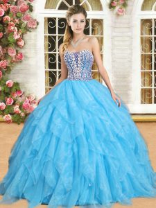 High Quality Sleeveless Organza Floor Length Lace Up Sweet 16 Quinceanera Dress in Aqua Blue with Beading and Ruffles