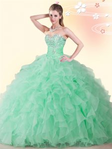 Stylish Apple Green Organza Lace Up Sweetheart Sleeveless Floor Length Party Dress for Toddlers Beading