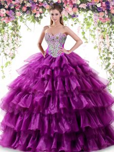 Unique Floor Length Purple Sweet 16 Quinceanera Dress Organza Sleeveless Beading and Ruffled Layers