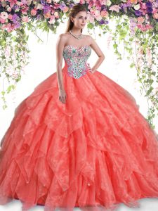 Beading and Ruffles Quince Ball Gowns Orange Red Lace Up Sleeveless Floor Length