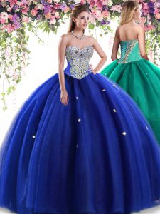 Tulle Sweetheart Sleeveless Lace Up Beading Juniors Party Dress in Royal Blue