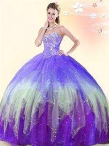 Sleeveless Tulle Floor Length Lace Up Quinceanera Dress in Multi-color with Beading