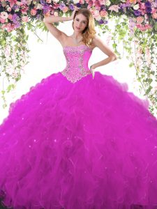 Low Price Fuchsia Tulle Lace Up Quince Ball Gowns Sleeveless Floor Length Beading