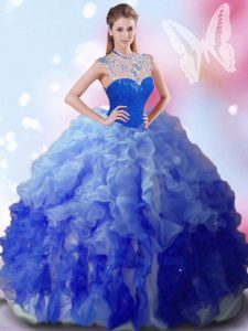 High-neck Sleeveless Tulle Quinceanera Dresses Beading and Ruffles Zipper