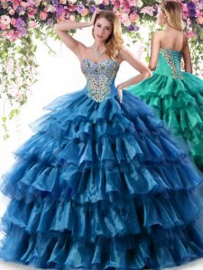 Floor Length Teal Quinceanera Gown Organza Sleeveless Beading and Ruffled Layers