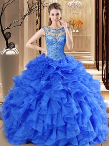 Trendy Ball Gowns Quinceanera Dresses Royal Blue Scoop Organza Sleeveless Floor Length Lace Up