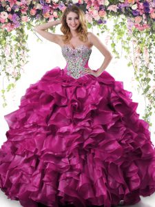 Custom Made Fuchsia Organza Lace Up 15th Birthday Dress Sleeveless Floor Length Beading and Ruffles