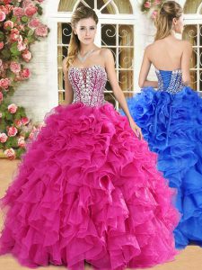 Fashion Floor Length Hot Pink Quinceanera Gown Strapless Sleeveless Lace Up