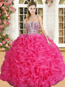 On Sale Organza Sweetheart Sleeveless Lace Up Beading and Ruffles Quince Ball Gowns in Hot Pink