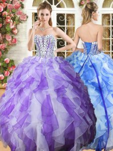 Flare Ball Gowns Vestidos de Quinceanera White and Purple Sweetheart Organza Sleeveless Floor Length Lace Up