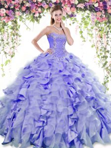 Exquisite Sleeveless Floor Length Beading and Ruffles Lace Up 15 Quinceanera Dress with Lavender