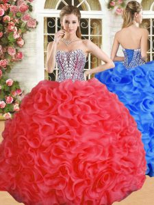 Sleeveless Floor Length Beading and Ruffles Lace Up Quinceanera Gown with Red