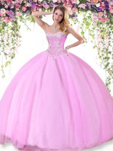 Sweetheart Sleeveless 15 Quinceanera Dress Floor Length Beading Rose Pink Tulle