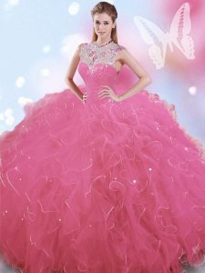 Exquisite Floor Length Zipper Court Dresses for Sweet 16 Rose Pink for Military Ball and Sweet 16 and Quinceanera with Beading