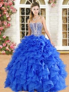 Fine Strapless Sleeveless Organza Quinceanera Gown Beading and Ruffles Lace Up