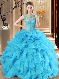 Colorful Scoop Sleeveless Quinceanera Dresses Floor Length Beading and Ruffles Baby Blue Organza